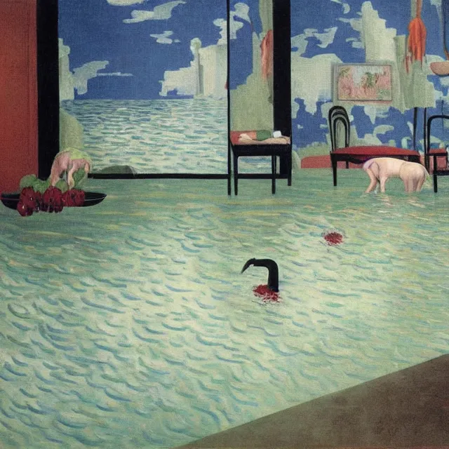 Image similar to painting of flood waters inside an apartment, taps with running water, tall female emo art student, a river flooding inside, tangelos, zen, pigs, ikebana, water, river, rapids, waterfall, black swans, canoe, pomegranate, berries dripping, acrylic on canvas, surrealist, by magritte and monet