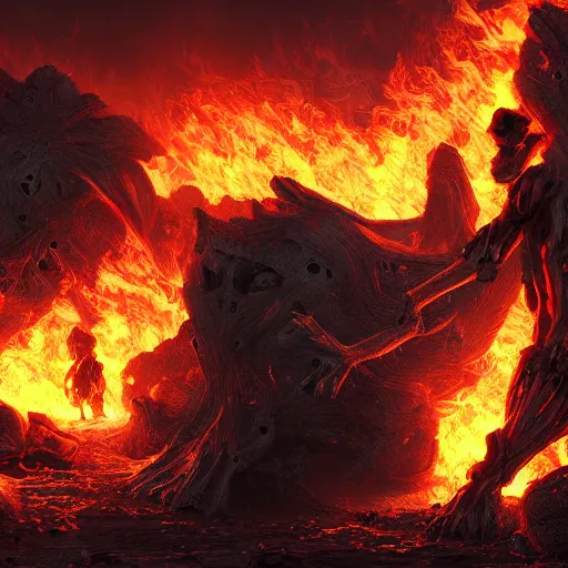 Image similar to A firey, hellish world with black ivory skeletons, dynamic lighting, cinematic, ultra detailed, creative, stunning visuals, hyperrealism, trending on art station