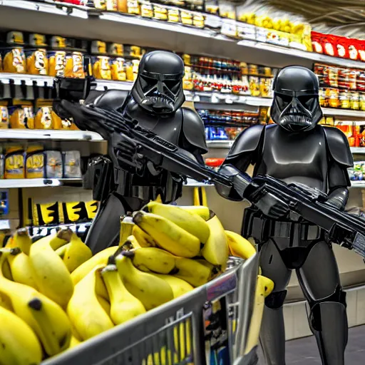 Image similar to Star wars troopers fighting with bananas in a supermarkets fish area, the star wars troopers try shooting and hitting other troopers with bananas, high perspective inside the store, 40nm lens, shallow depth of field, split lighting, 4k,