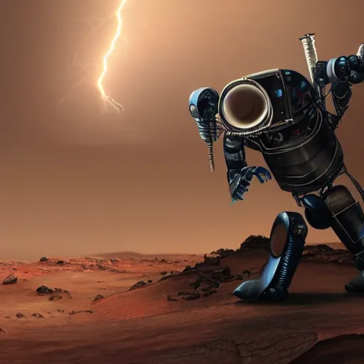 Image similar to UHD closeup of a Photorealistic Robot playing Drums during a wicked lightning storm on Mars, with a cool pose, by Antonio Caparo and Ferdinand Knab and Greg Rutkowski, UHD, photorealistic, trending on artstation, trending on deviantart