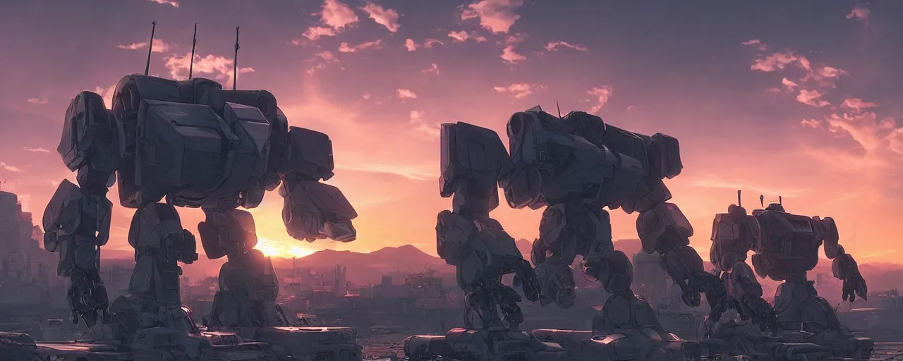 Image similar to A real photo of a giant mechwarrior robot and the sunset in the distance, by Josan Gonzalez, Yoji Shinkawa and Geof Darrow, highly detailed, Unreal Engine Render, 3D, 8k wallpaper