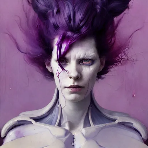 Image similar to pale woman in sci - fi power armor with purple hair, powerful, domineering, stoic, masterful, intense, in the style of adrian ghenie, esao andrews, jenny saville,, surrealism, dark art by james jean, takato yamamoto