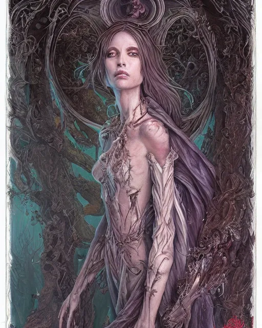 Prompt: a beautiful detailed front view portrait of a dead rotten princess with ornate growing around, ornamentation, elegant, beautifully soft lit, by wayne barlowe, peter mohrbacher, kelly mckernan