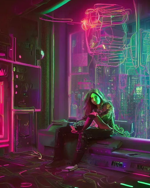 Prompt: [ elizabeth olsen ]! [ 3 d render, made of wires and metallic material ]!! sitting in a [ cyberpunk club ]!!, [ 4 k digital art ]!!, neon atmosphere, volumetric lighting, bioluminescent coloring, afrofuturism, illustrated by greg rutkowski and rajmund kanelba, cgsociety contest winner, intricate