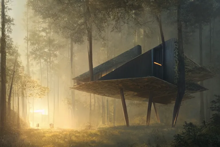 Prompt: Futuristic house in the forest, lit by the light of gods, sunrise, hyper detailed, artstation, cgsociety by greg rutkowski and by Gustave Dore
