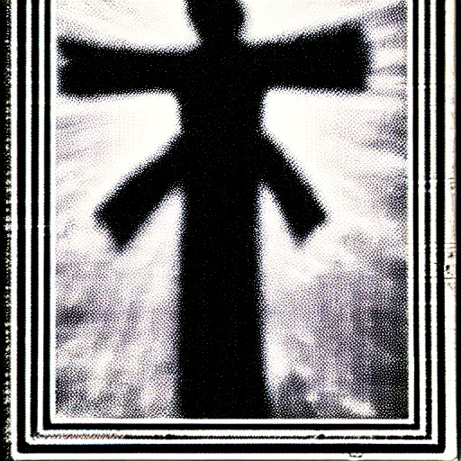 Image similar to vhs static overlay of sign of the cross, angel apparitions, vhs, 1 9 9 0, highly realistic, highly detailed, vhs noise static, black and white, vhs glitch