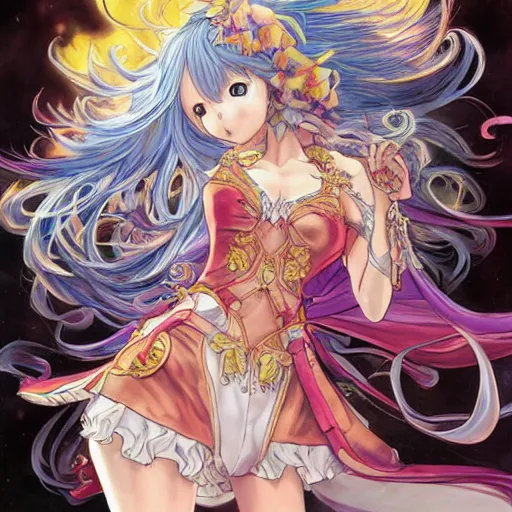 Image similar to exquisite imaginative fate manga poster of princess, long wavy hair, armor, ruffles, by shigenori soejima, minaba hideo, katsuhiro otomo, jump comics, fluorescent, illustration, artstation, dark fantastic, highly detailed, 8 k, maximalist