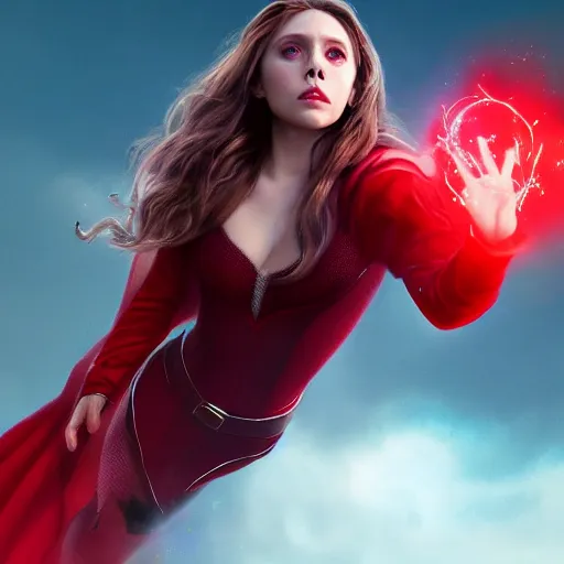 Prompt: elizabeth olsen as the scarlet witch afloat in the air with red eyes, red magic surrounds her, trending on artstation, 8 k quality, cgsociety contest winner, artstation hd, artstation hq, luminous lighting, beautiful cloudy atmosphere