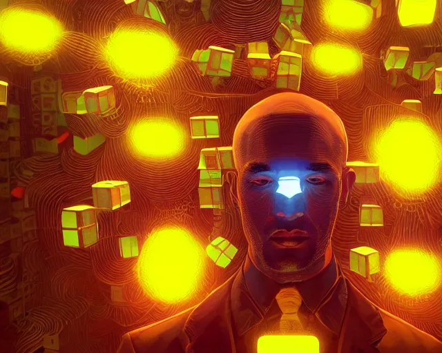 Prompt: portrait of wizard with flying neonyellow cubes, intricate abstract. intricate artwork, by tooth wu, wlop, beeple, dan mumford. concept art, octane render, trending on artstation, greg rutkowski very coherent symmetrical artwork. cinematic, key art, hyper realism, high detail, octane render, 8 k, iridescent accents