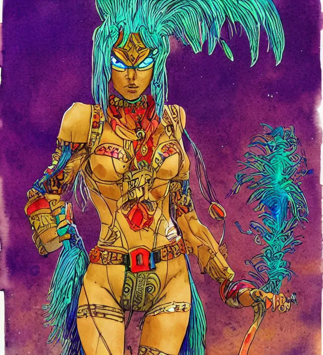 Image similar to a watercolor ink painting of female aztecian punk / raver using her mutant electrical powers in the style of jean giraud in the style of moebius trending on artstation deviantart pinterest detailed realistic hd 8 k high resolution