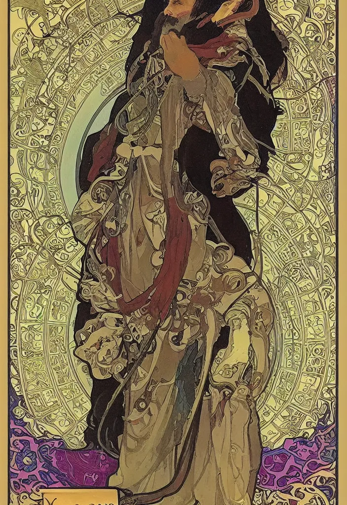 Image similar to Yoshua Bengio as the emperor on a tarot card, tarot in art style by Alphonse Mucha