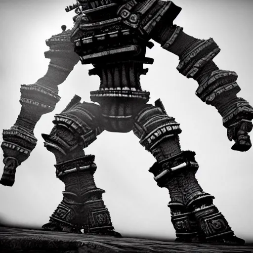 Image similar to shadow of the colossus, spider colossus, black and white image, rusty, grey, bad quality