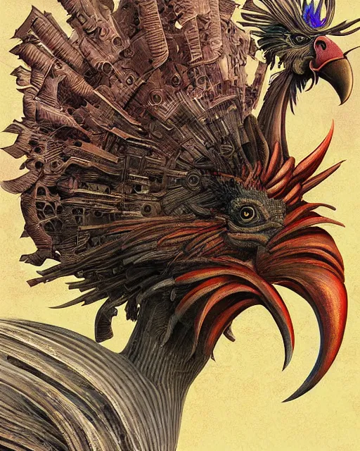 Image similar to digital painting of an angry and ominous mechanical rooster, by wayne barlowe and bob pepper and salvador dali, dieselpunk, highly detailed, intricate, sharp focus, portrait, talons, anatomy, beak, wings