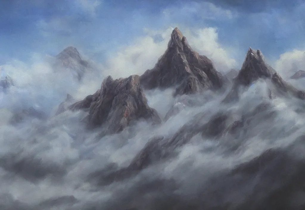 Image similar to fantasy painting of a mountain reaching above the clouds, highly detailed,