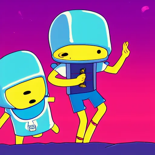 Image similar to Adventure Time Finn and Jake, synthwave, 4k, sharp, high details