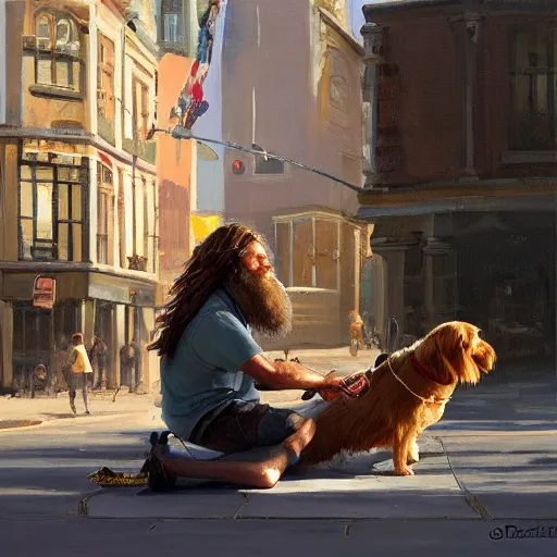 Image similar to oil painting of a young man with long hair blond and a beard hippie style with his golden retrever dog playing guitar in the square for money, people watching around, by greg rutkowski, artstation