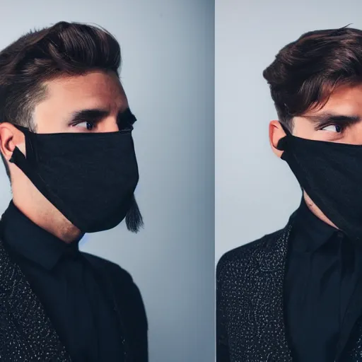 Prompt: professional photograph of a cool guy with a stylish face mask, earrings, and dark clothes, high quality, HD, 8K, highly detailed