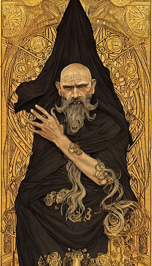 Image similar to one old man wore a black cloak, a black cloak and a white beard, highly detailed, very intricate, art nouveau, gold filigree, left right symmetry, tarot concept art watercolor illustration by mandy jurgens and alphonse mucha and alena aenami, featured on artstation