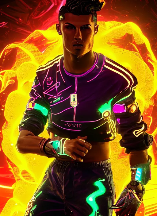 Prompt: glowwave portrait of cristiano ronaldo from borderlands 3, au naturel, hyper detailed, digital art, trending in artstation, cinematic lighting, studio quality, smooth render, unreal engine 5 rendered, octane rendered, art style by klimt and nixeu and ian sprigger and wlop and krenz cushart.