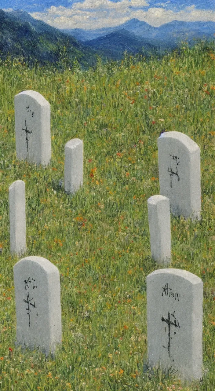 Image similar to highly detailed impressionist painting of sword marking grave on mountain top