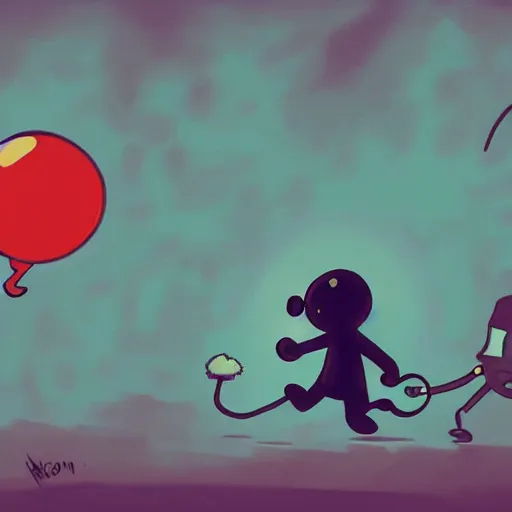 Image similar to a shadow - like figure closing in on gumball watterson, forcing him to flee, dark atmosphere, trending on artstation, digital art, children's book illustration, eerie lighting