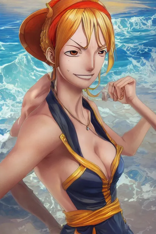 Image similar to portrait of Nami from One Piece, highly detailed, digital painting, artstation, concept art, sharp focus, illustration, art by artgerm and greg rutkowski and alphonse mucha, in the style of One Piece