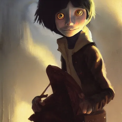 Prompt: coraline, oil painting, Tooth Wu, Greg Rutkowski, RPG portrait, dynamic lighting, fantasy art, High contrast, depth of field