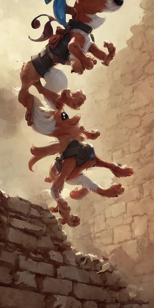 Image similar to adorable jack russel terrier jumping over a brick wall, fantasy art, artstation character design contest winner, trending on cgsociety, concept art, speedpaint, beautiful digital art, jesper ejsing, james jean, justin gerard, fenghua zhong, makoto shinkai, highly detailed