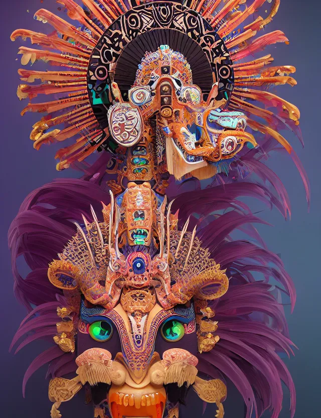 Image similar to 3 d goddess close - up profile portrait aztec with ram skull. beautiful intricately detailed japanese crow kitsune mask and clasical japanese kimono. betta fish, jellyfish phoenix, bio luminescent, plasma, ice, water, wind, creature, artwork by tooth wu and wlop and beeple and greg rutkowski