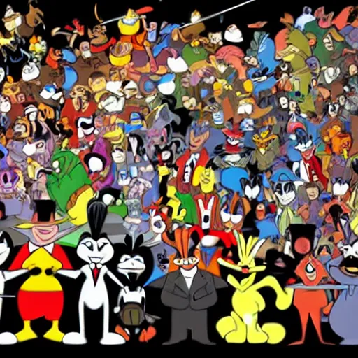 Prompt: Orchestra pit of various Looney Tunes characters playing a concert for a crowd of Marvel villains, realistic, photorealistic, 4k