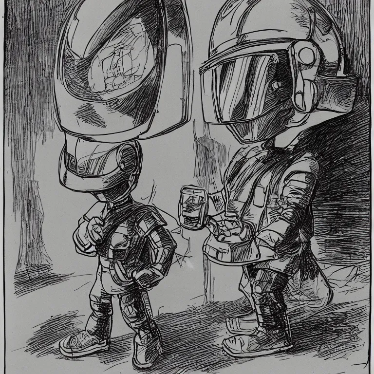 Image similar to sketch of a cute chibi dnd daft punk gnome inventor tinkerer wearing a helmet, walking cautiously, etching by louis le breton, moebius 1 8 6 9, 1 2 0 0 dpi scan