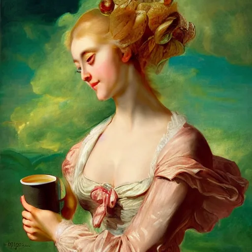 Prompt: heavenly summer sharp land sphere scallop well dressed blonde lady holding a starbucks coffee cup, auslese, by peter paul rubens and eugene delacroix and karol bak, hyperrealism, digital illustration, fauvist, starbucks coffee cup green logo