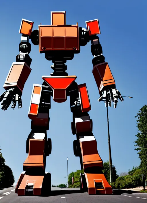 Prompt: a giant mecha robot made out of road signs walking down a street, photorealistic, highly detailed, hyper realistic, cinimatic, 8 k,