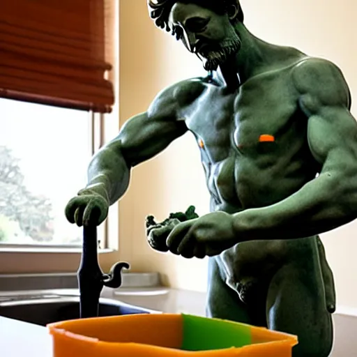 Image similar to michelangelo statue doing the dishes