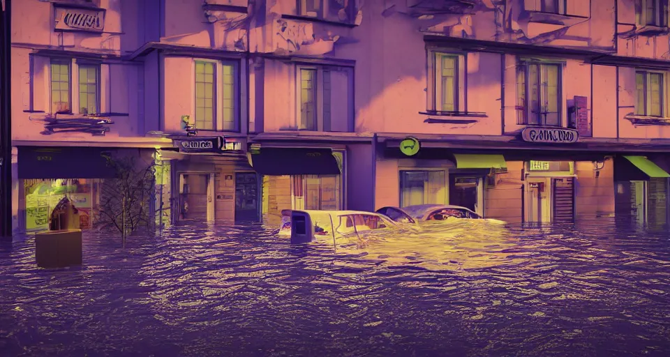 Image similar to a poignant 80s vaporwave outrun 3d Render of a german town being flooded at night, retro, nostalgic melancholy, grainy, noisy