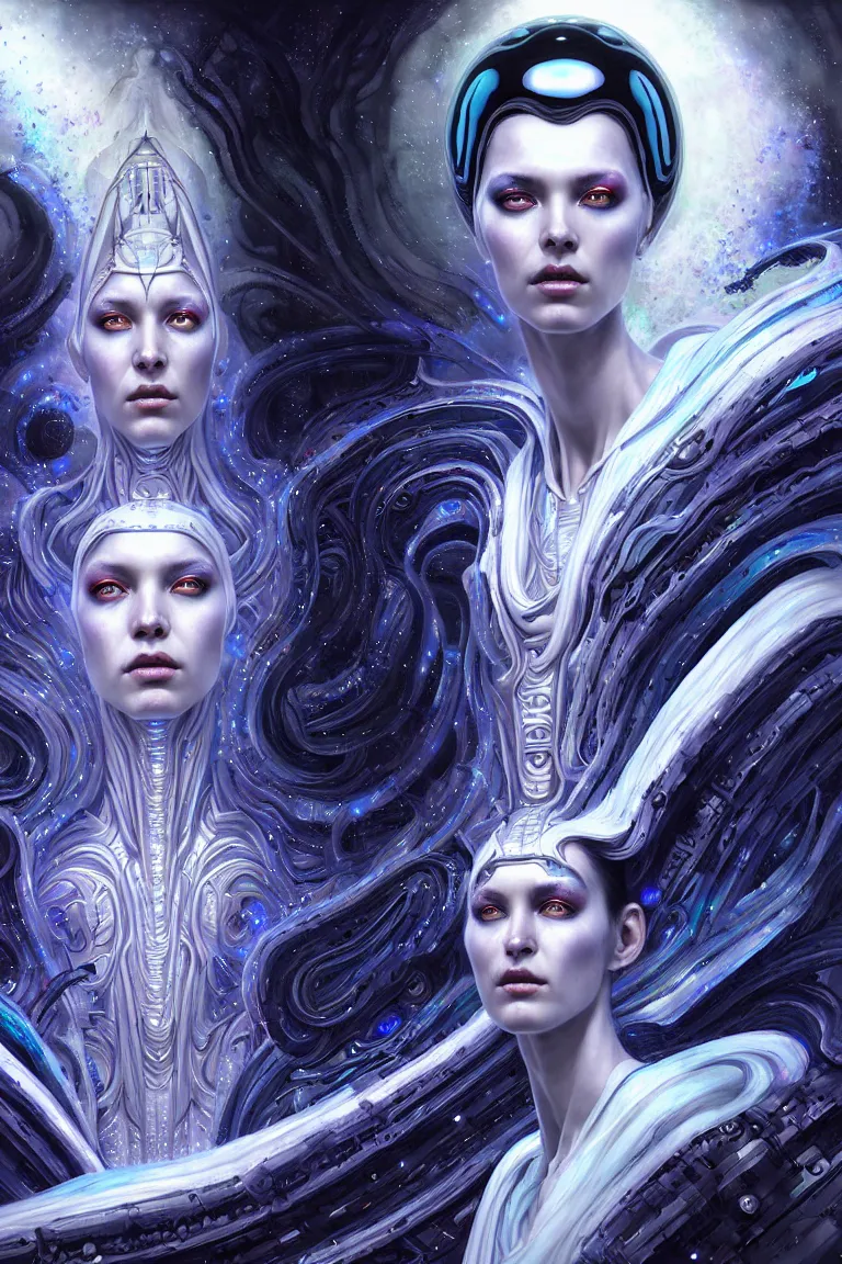 Image similar to epic stunning alien machine goddess of the black hole in white shimmering robes by android jones alex grey android jones alex grey mark cooper alien beauty goddess epic scale bluehaired timespace goddess with white robes and metallic machine deity artgerm photorealistic detailed hypervivid intense digital art by greg rutkowski max chroma