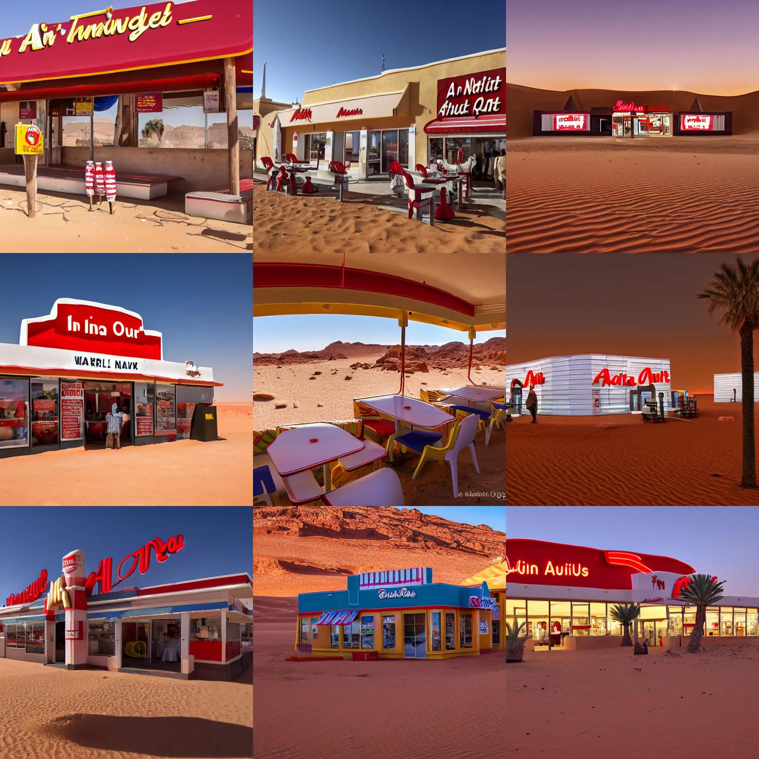 Prompt: an in n out burger restaurant in the sahara desert, 8 k hdr