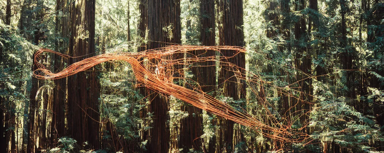 Prompt: a giant spaghetti sculpture, hit by a ray of sunshine, in a redwood forest, canon 5 0 mm, cinematic lighting, photography, retro, film, kodachrome