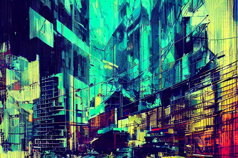 Prompt: fragmented architecture collage by atelier olschinsky and Ernst Haas, cyberpunk, (high contrast), ((oversaturated)), grafitti paint, bokeh, dof, unreal engine