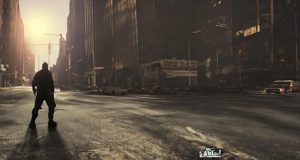 Image similar to the german shepherd of i am legend in new york, gta 5 comic style, octane render, unreal engine, sundown, empty streets