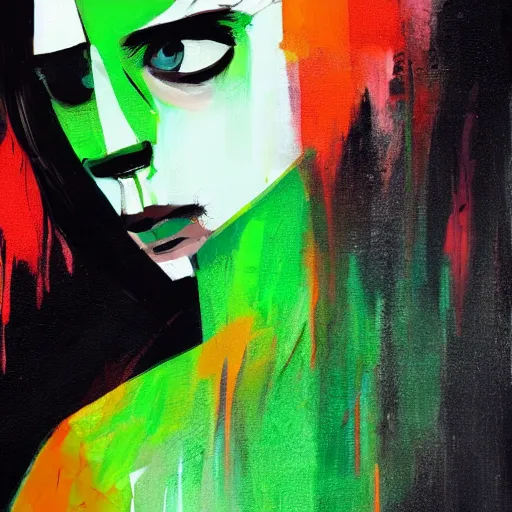 Image similar to closeup, very few thick long paint brush strokes, abstract depiction of the physique of one!!! very thin black suit man with green long straight hair posing dramatically, closeup, matte colors, conrad roset, dark abstract background, abstract painting trending on artstation