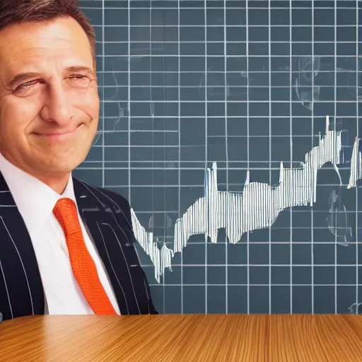 Image similar to hyperrealistic illustration cinematic hyperrealism happy businessman behind him is a statistical graph of high profits