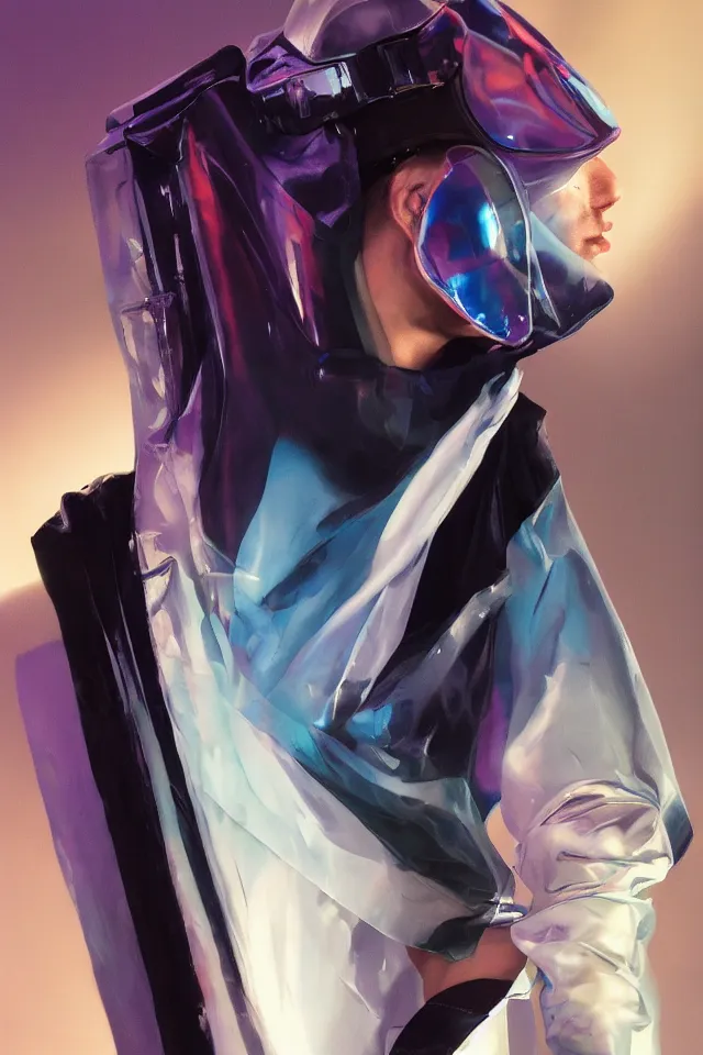 Prompt: digital fashion, androgynous person, tactical poncho latex rags, wearing a visor, techwear, iridiscent light, high key, cinematic lighting at night, neon, phil hale, boris vallejo, alberto mielgo, patrick o'keeffe