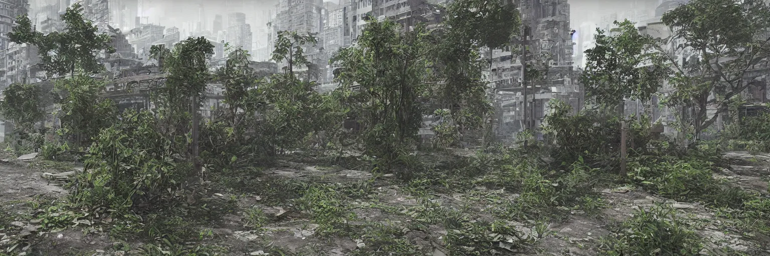 Prompt: “overgrown concrete abandoned city landscape, plants growing on buildings, unreal engine 5, raytracing, 8k”