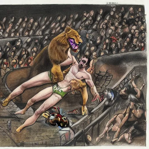 Image similar to hero wrestling against a lion in the middle of an arena, crowd of people sitting down in the stands, pencil art, added detail, high definiton, colored, aerial view