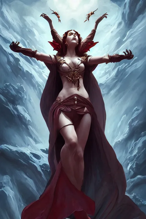 Image similar to beautiful vampire female queen, full body shot, ascending form the sky, hands reaching for her, d & d, fantasy, intricate, elegant, highly detailed, digital painting, artstation, concept art, matte, sharp focus, illustration, hearthstone, art by artgerm and greg rutkowski and alphonse mucha