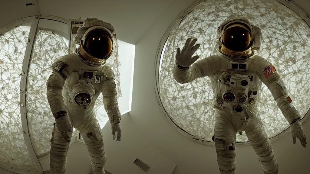 Image similar to a single astronaut eva suit interwoven with diamond 3d fractal lace iridescent bubble 3d skin and covered with insectoid compound eye camera lenses floats through the living room, film still from the movie directed by Denis Villeneuve with art direction by Salvador Dalí, wide lens,