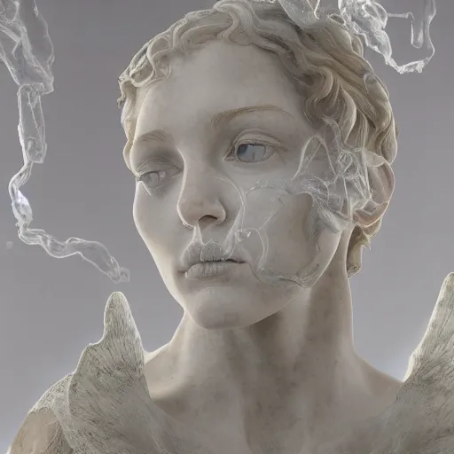 Image similar to realistic digital painting of a stunning intricate cracked white marble falling angel bernini sculpture, trailing white vapor, mycelium stands and misty xparticles neutral tone background, trending on artstation, hyperrealism, matte painting, subsurface scattering