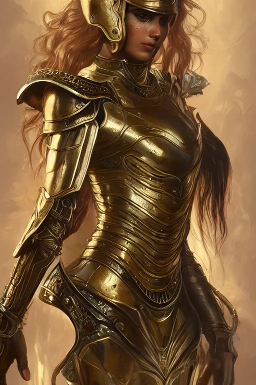 Image similar to attractive young female, ornate metallic helmet, battle armor, olive skin, long dark hair, beautiful bone structure, intricate, elegant, highly detailed, digital painting, artstation, concept art, smooth, sharp focus, illustration, art by artgerm and greg rutkowski and alphonse mucha