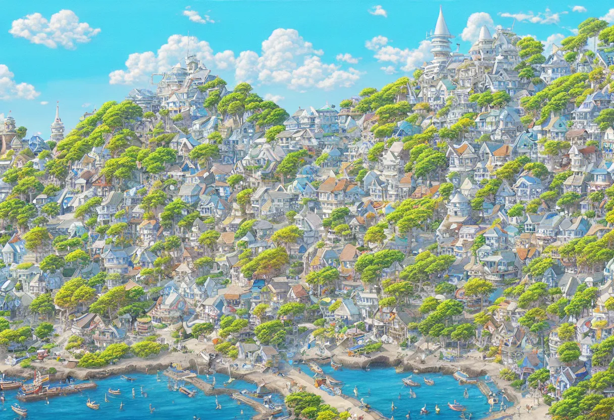 Prompt: a beautiful ultradetailed painting of a seaside town, sunny, studio ghibli sunlight, archdaily, wallpaper, highly detailed, trending on artstation